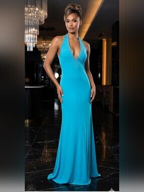 Niki By Niki Livas Elegant Turquoise Halter Evening Gown Size 20